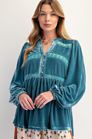Teal Velvet Lace Trim Blouse by Easel