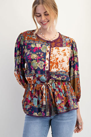 FLORAL PRINTED RAYON GAUZE PEPLUM TOP