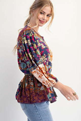 FLORAL PRINTED RAYON GAUZE PEPLUM TOP